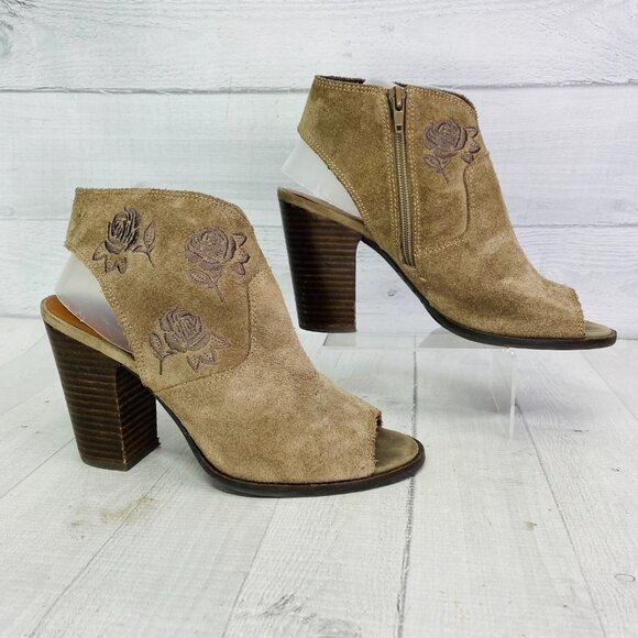 Lucky Brand LISTANA Taupe Rose  Leather Suede Peep Toe Heel Bootie Shoe Size 9 M - Picture 4 of 13